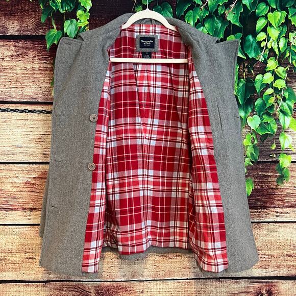 Abercrombie & Fitch Pea Coat Peacoat Jacket Womens Small Grey Red Plaid Wool - Picture 1 of 6